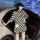 Elbow-sleeve Plaid T-shirt Check - Black & White - One Size