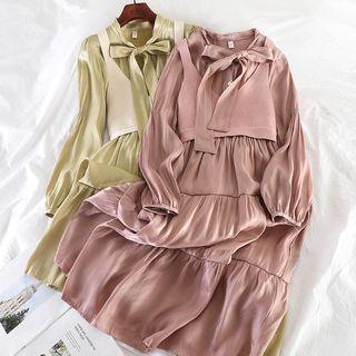 Set: Tie Neck Long-sleeve A-line Dress + Knitted Camisole Top