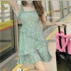 Spaghetti-strap Floral Mini A-line Dress / Short-sleeve Lace Top