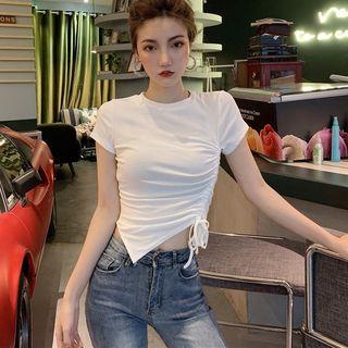 Short-sleeve Drawstring Asymmetric T-shirt