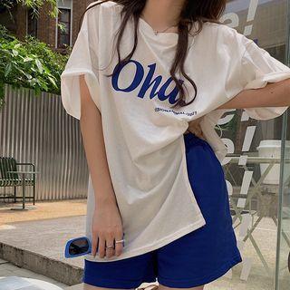 Elbow-sleeve Lettering Drawstring T-shirt / Mini Skirt