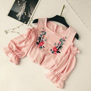 Elbow-sleeve Floral Embroidery Cutout Top