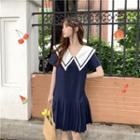 Short-sleeve Sailor Collar Pleated Dress Navy Blue - One Size