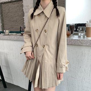 Pleated Panel Double-breasted Long Trench Coat Khaki - One Size