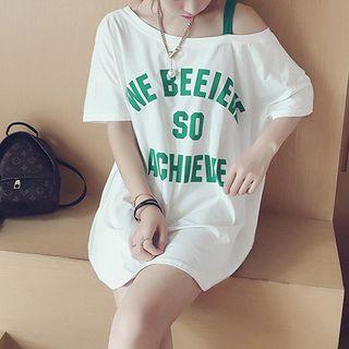 Lettering Cold Shoulder Elbow-sleeve Long T-shirt