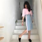 Plain Short-sleeve T-shirt / Color-block Denim Skirt