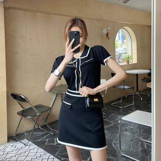 Knit Set: Piped Collared Cardigan + Miniskirt