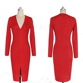 Plain V-neck Long-sleeve Dress