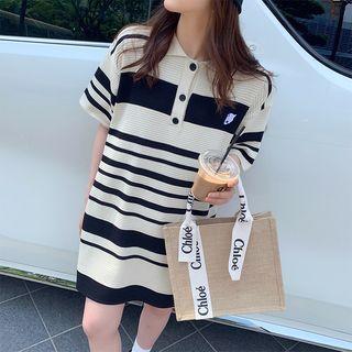 Short-sleeve Striped Knit Smock Dress / Polo Shirt