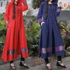 Patterned Panel Hooded Long Button Jacket