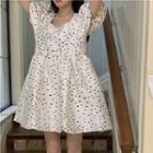 Short-sleeve Patterned Midi A-line Dress White - One Size
