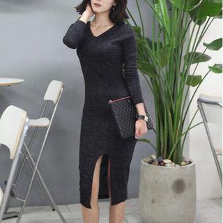 Long-sleeve Slit-front Knit Dress