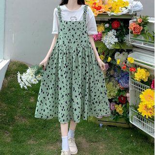 Set: Short-sleeve Graphic Print T-shirt + Print Midi A-line Overall Dress