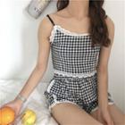 Set: Check Lace Trim Camisole Top + Shorts Gingham - Black & White - One Size