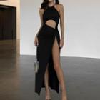 Halter-neck Cutout Slit Maxi Dress