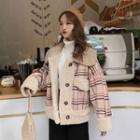 Faux Shearling Panel Plaid Buttoned Jacket