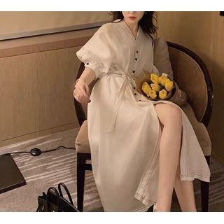Puff-sleeve Sashed Midi Dress