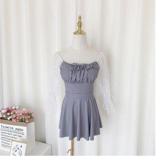 Set: Lace-up Bell-sleeve Swimsuit + Swim Skirt