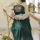 Hanfu Color Block Long-sleeve Midi Dress