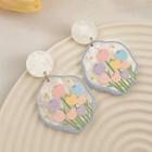 Flower Drop Earring 1 Pair - Silver Pin - White & Blue - One Size