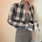 Spaghetti Strap Mini Sheath Dress / Plaid Long-sleeve Cropped Shirt