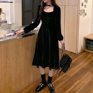 Puff Sleeve Square Neck Velvet A-line Dress