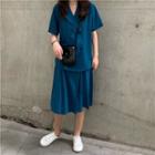 Plain Loose-fit Short-sleeve Shirt / Midi Skirt