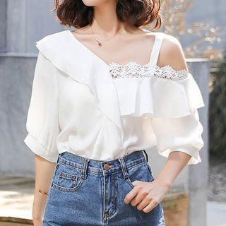 Cold Shoulder Lace Trim Elbow-sleeve Blouse
