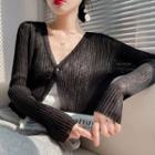 Long-sleeve Plain Lace Panel Knit Cardigan