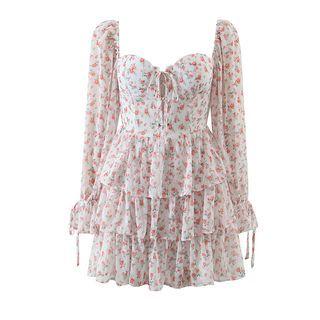 Long-sleeve Floral Layered Mini A-line Dress