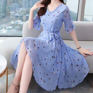 Elbow-sleeve Star Print Chiffon V-neck Dress