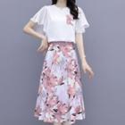 Set: Flared-sleeve Floral Panel Blouse + Midi A-line Skirt