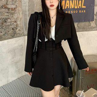 Plain Cropped Blazer / High-waist Mini A-line Skirt / Set