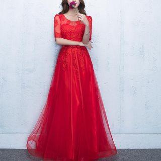Elbow-sleeve Tulle Evening Dress