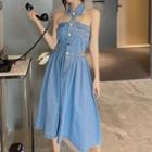 Halter-neck Denim Midi A-line Dress