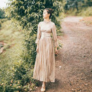 3/4-sleeve Sheer Panel A-line Maxi Dress