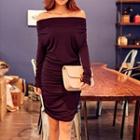 Long-sleeve Off-shoulder Dress Purple - One Size