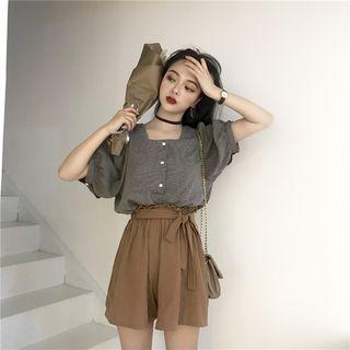 Square Neck Short-sleeve Blouse / Paperbag Wide Leg Shorts