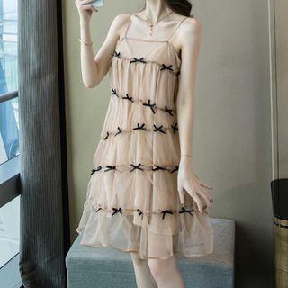 Spaghetti Strap Bow A-line Mesh Dress