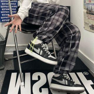 Drawstring-cuff Plaid Straight-leg Pants