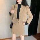 Plain V-neck Loose-fit Long-sleeve Blazer / Plain High-waist Slim-fit Skirt