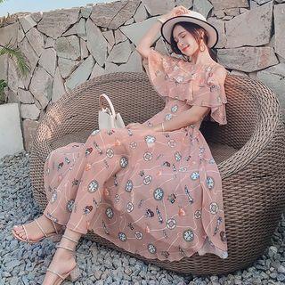 Print Cold Shoulder Midi Chiffon Dress