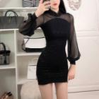 Puff-sleeve Mesh Panel Glitter Mini Sheath Qipao