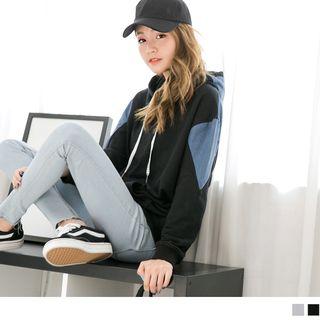 Denim Panel Double Pocket Hoodie