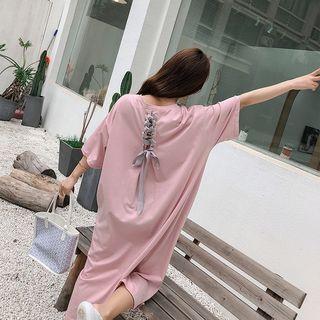 Lace Up Elbow-sleeve Midi T-shirt Dress