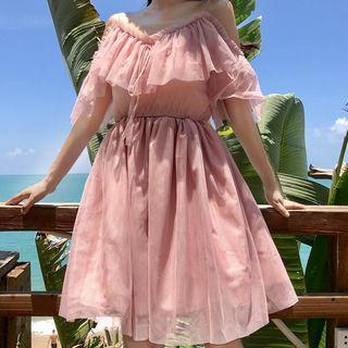 Short-sleeve Cold Shoulder Frilled Mesh Dress