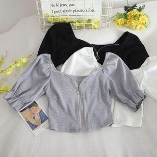 Short-sleeve Zip-up Cropped Blouse