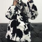 Stand Collar Cow Print Fleece Jacket