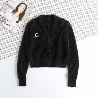 Crescent Embroidered Fluffy Cropped Cardigan