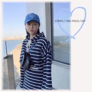 Set: Hooded Striped Top + Band-waist Skirt